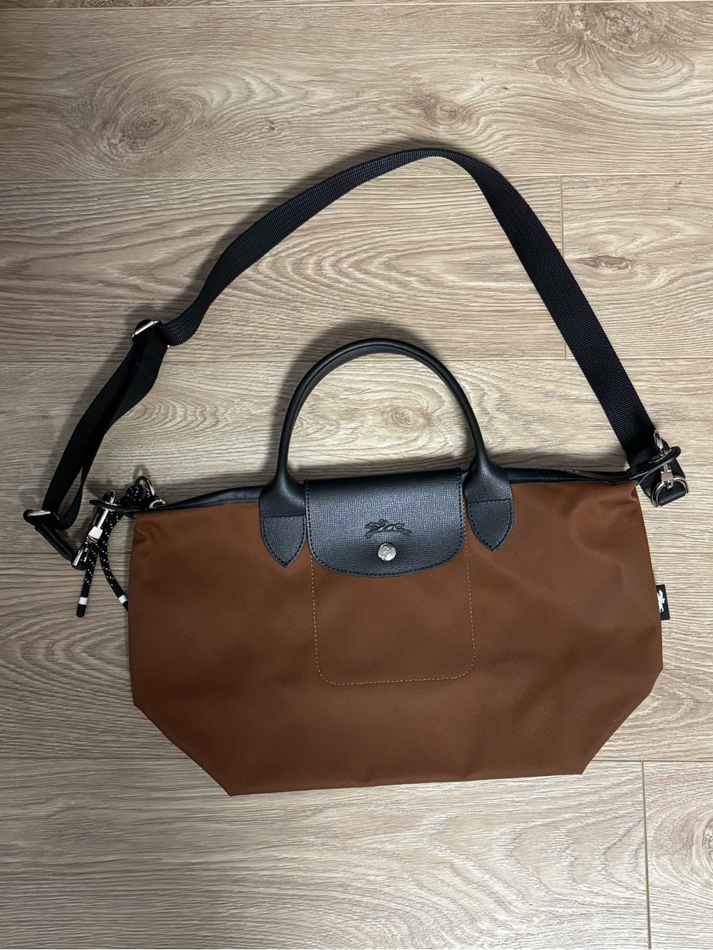 Brown Nylon Top-Handle Women’s Longchamp Bag with Black Trim